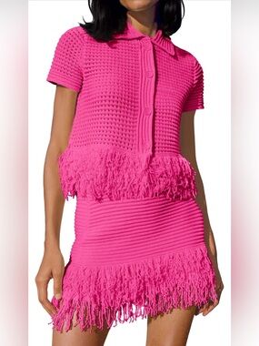 Women's Pink Knit Fringe Two-Piece Set - Unbranded